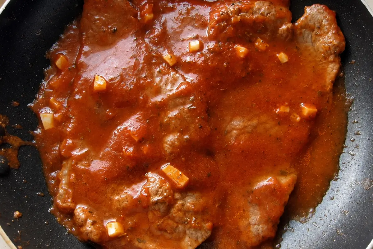 Thin beef schnitzel cooking in tomato and oregano sauce with chopped garlic.