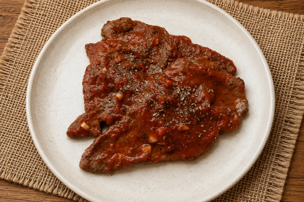 Pizzaiola Beef Schnitzel served with tomato sauce and dried oregano.