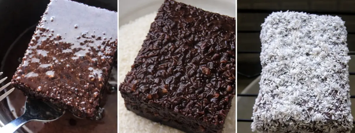 Sponge cake pieces being dipped in chocolate icing and coated with coconut during assembly.