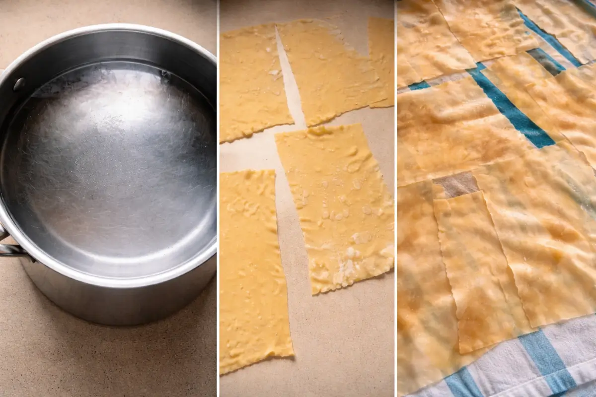 Post195 Pasta sheets being cooked, drained, and laid out to dry before assembling.