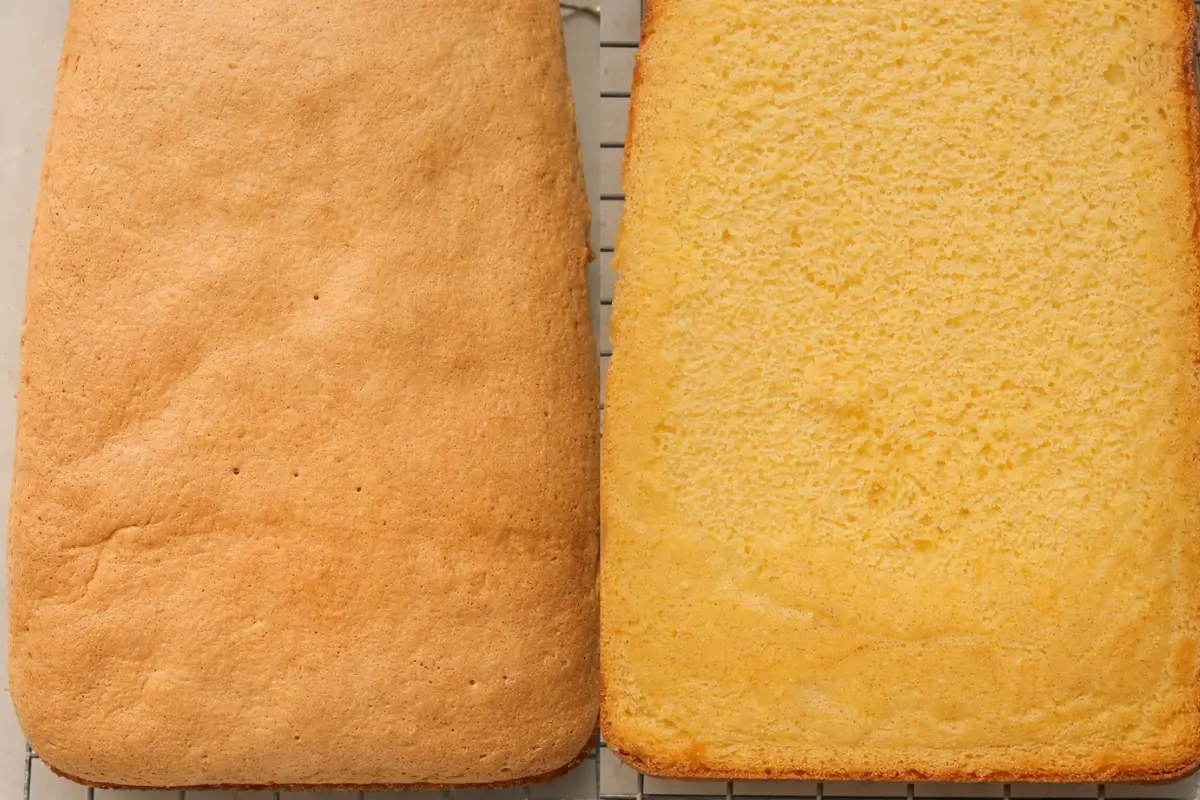 Baked sponge cake resting on a wire rack with a soft, even crumb visible after slicing.