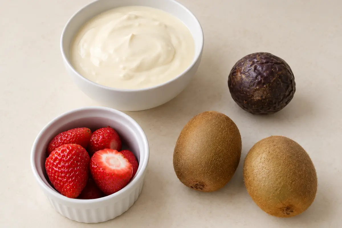 Thickened cream with strawberries, kiwi and passion fruit ready for the topping.