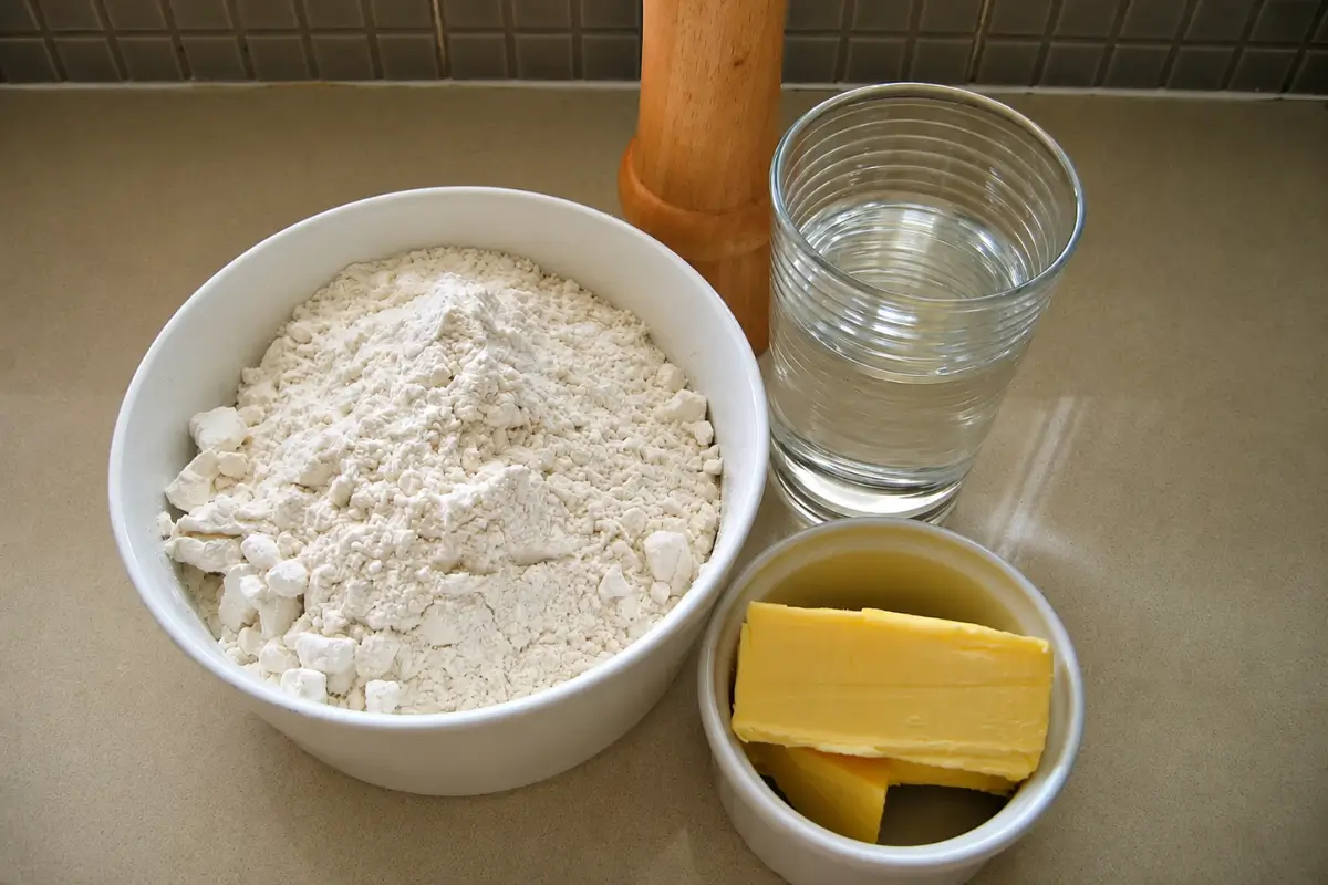 Flour, butter, water, and salt arranged on a kitchen counter for homemade damper.
