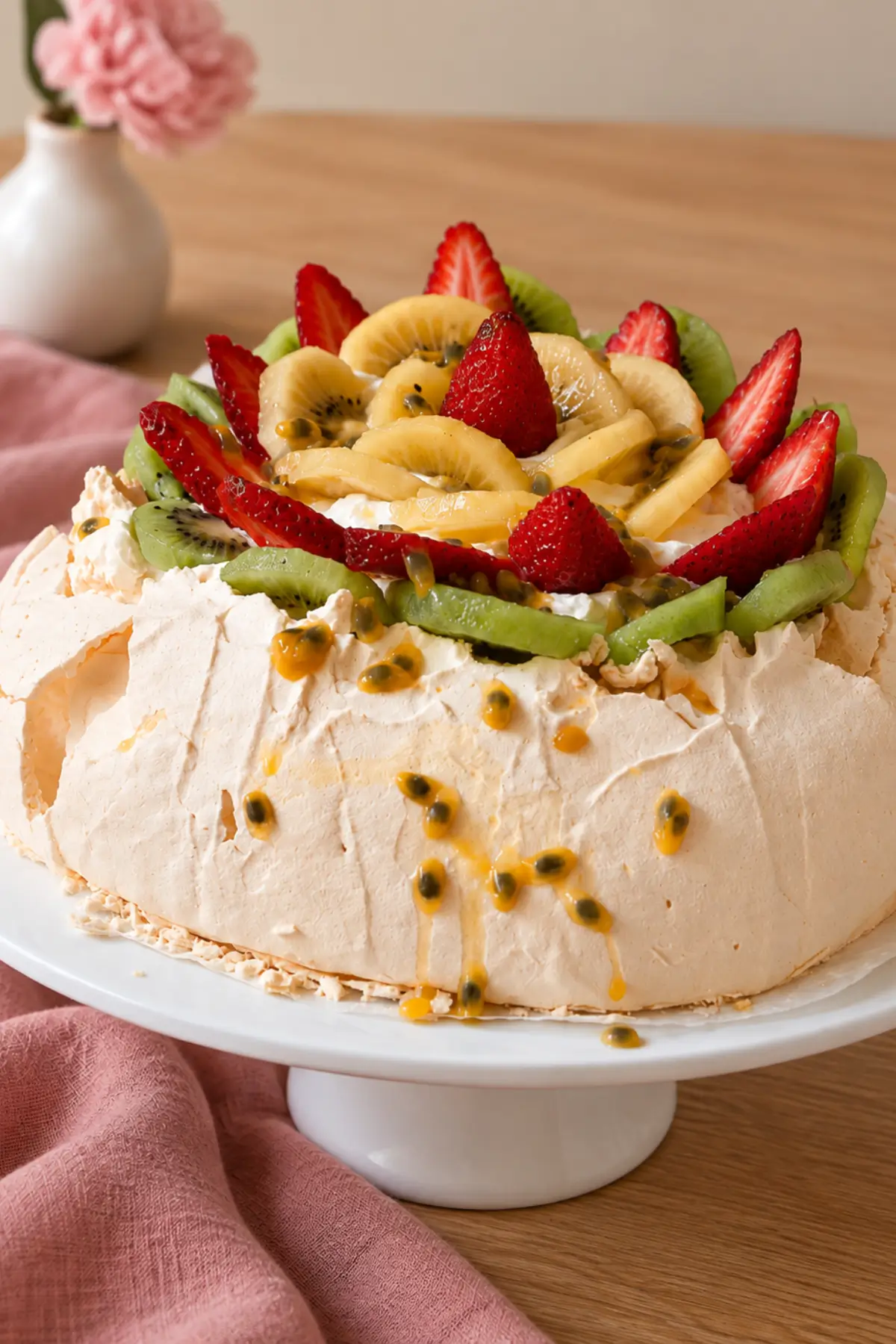 Fruit-topped meringue with whipped cream and passion fruit pulp.