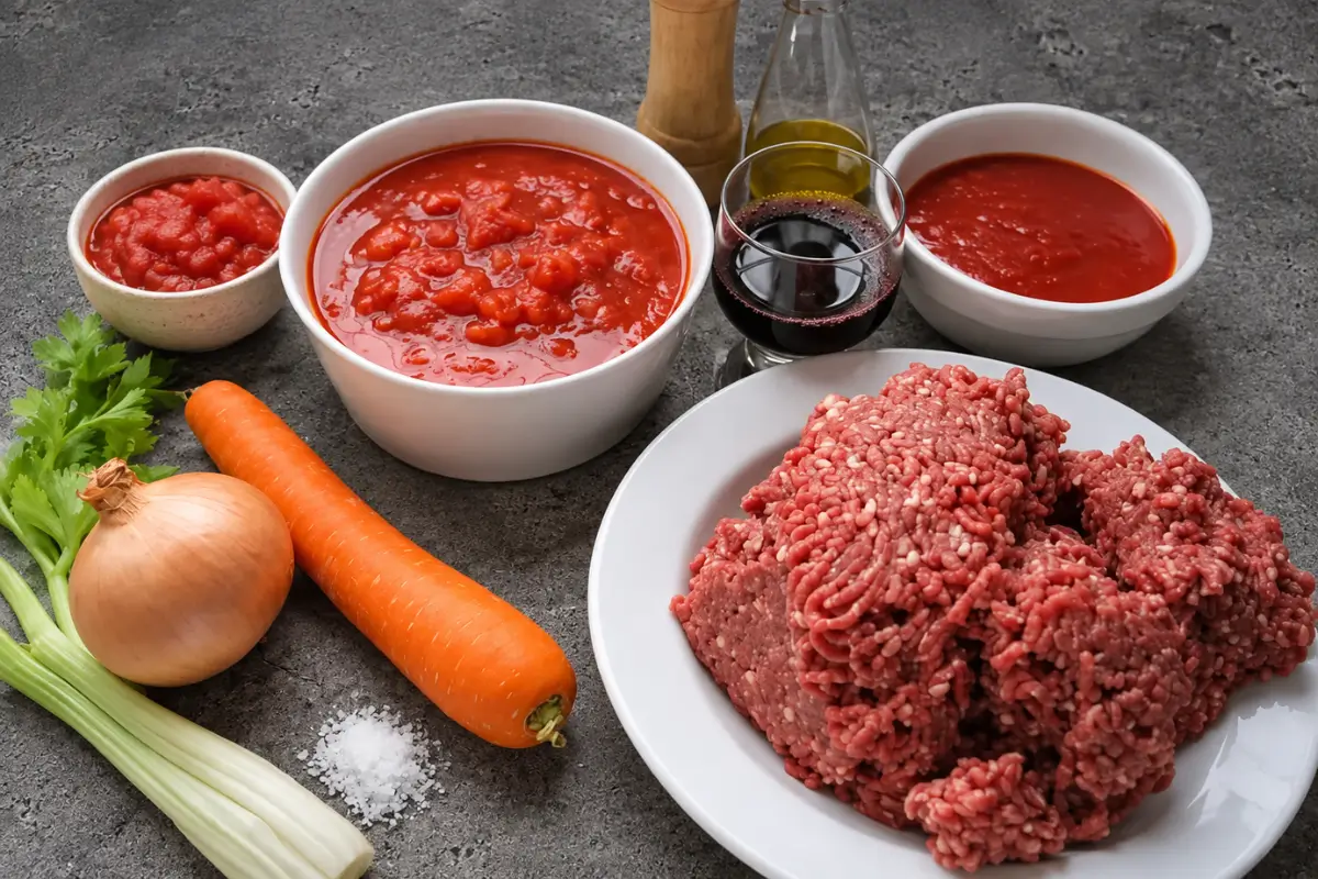 Beef mince, tomatoes, carrot, celery, onion and wine for the lasagne meat sauce.