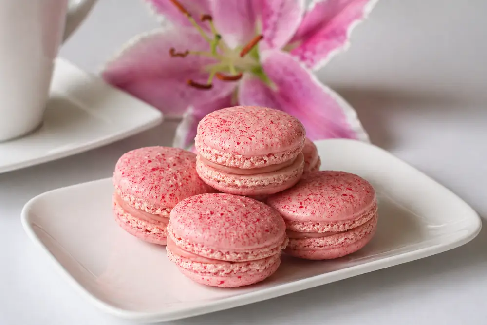 Italian-style macarons plated as Raspberry White Chocolate Macarons dessert presentation.