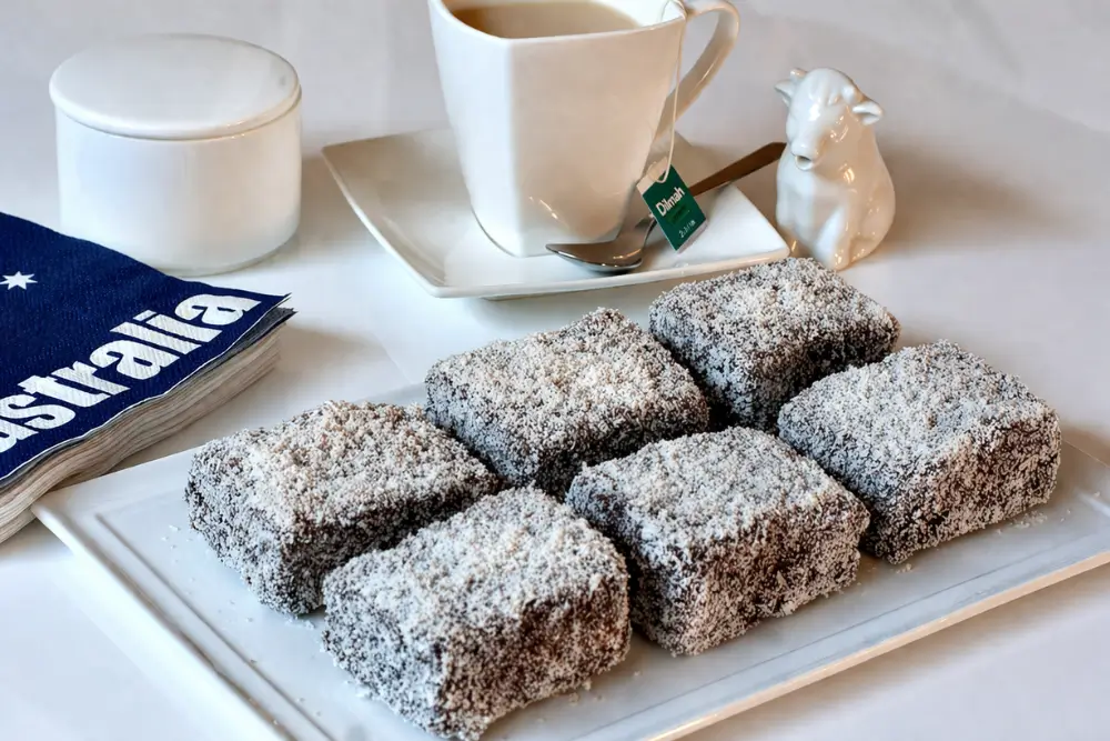 Classic lamingtons coated in chocolate icing and rolled in desiccated coconut on a serving plate.
