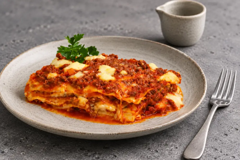 Slice of lasagne with meat sauce and melted cheese on a grey ceramic plate.