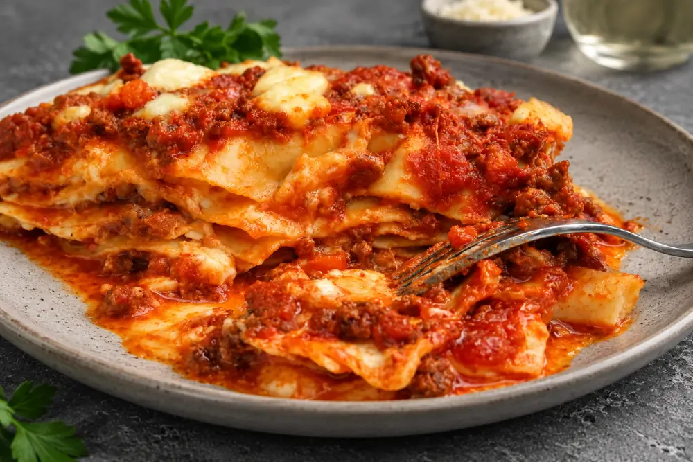 Slice of lasagne with meat sauce and melted cheese served on a white plate.