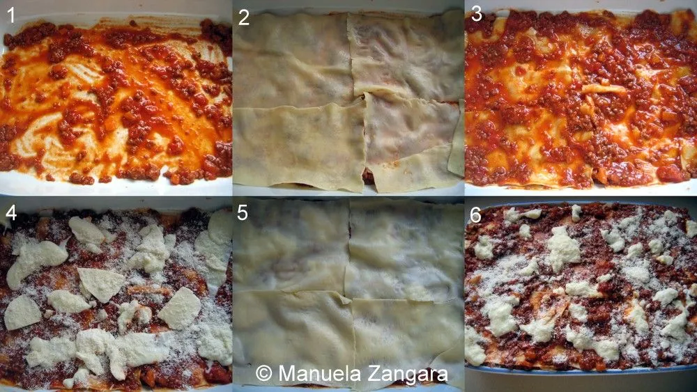 Post196 Step-by-step collage showing the process of layering meat sauce, pasta sheets, mozzarella, and Parmesan.