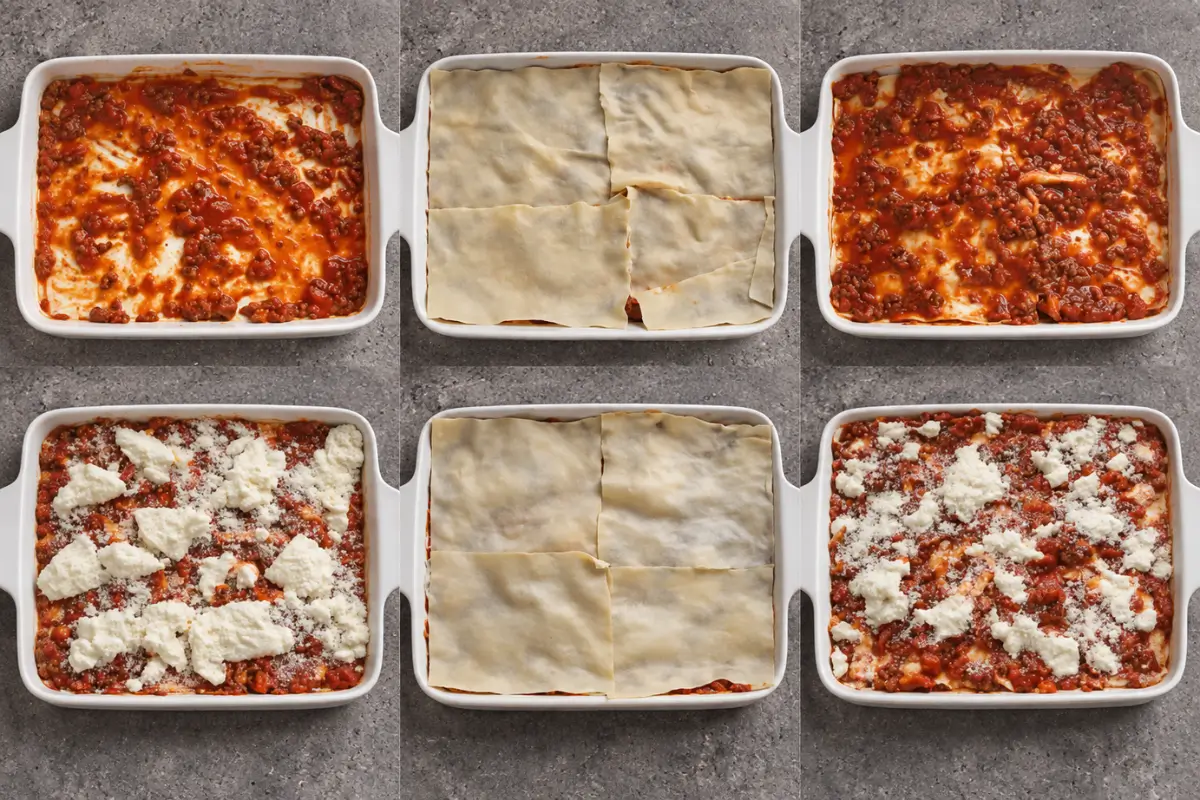 Post196 Lasagne being assembled with pasta sheets, meat sauce, béchamel and cheese.
