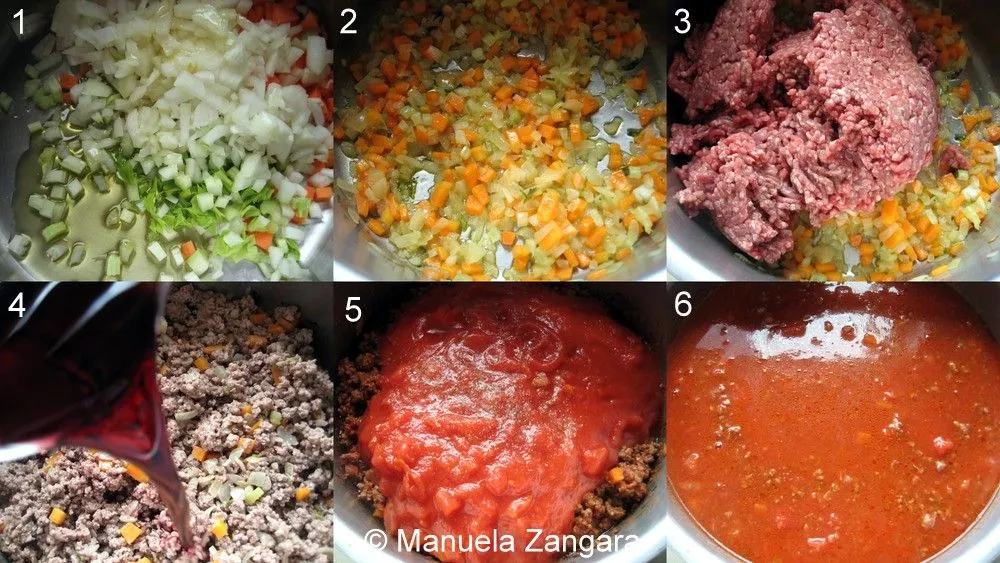 Post194 Process photos of making lasagne meat sauce with vegetables, minced meat, wine, and tomato sauce.
