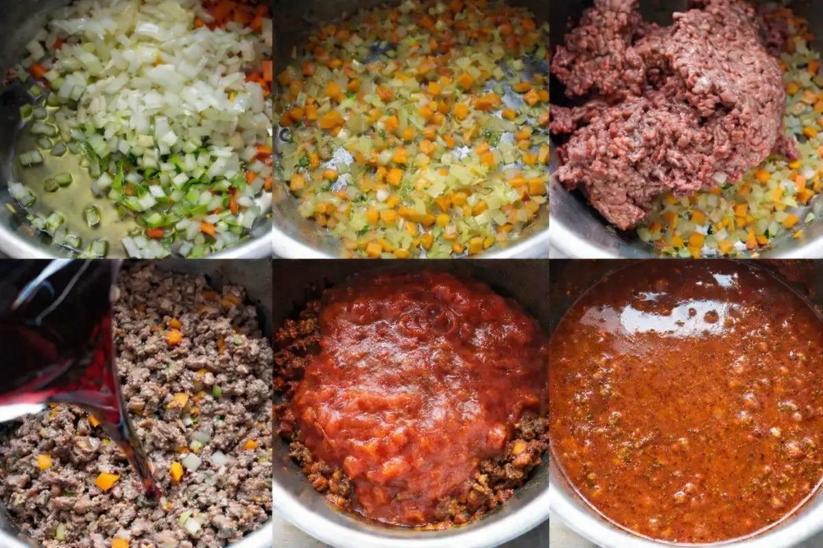 Post194 Chopped vegetables, browned meat, wine, and tomatoes cooking into a rich sauce.