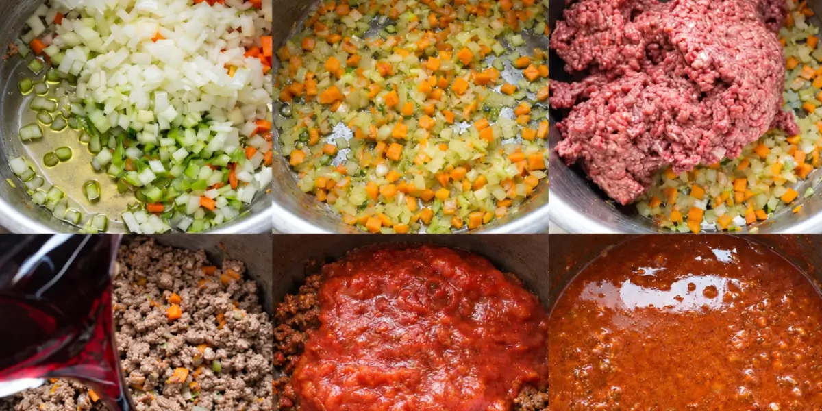 Post194 Vegetables, beef mince, wine and tomatoes being cooked into meat sauce.
