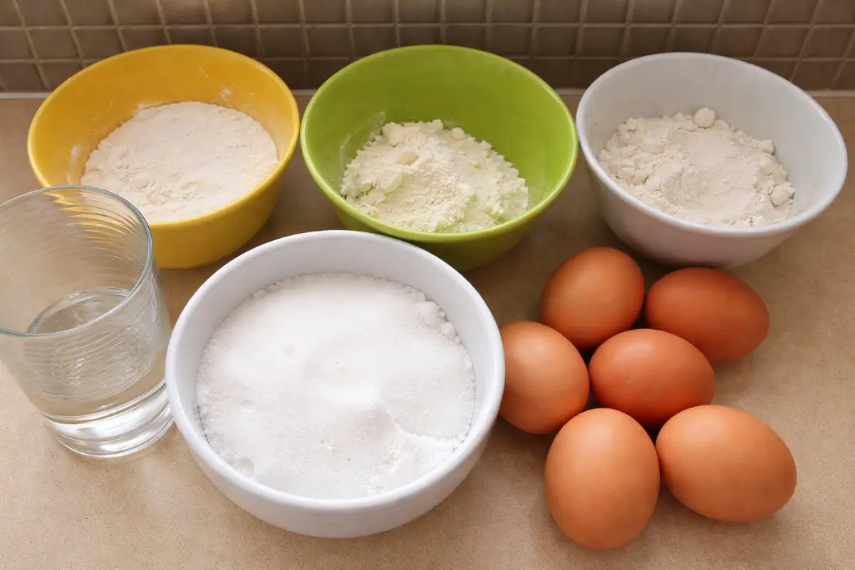 Measured ingredients including flour, sugar, eggs, and water arranged in bowls.