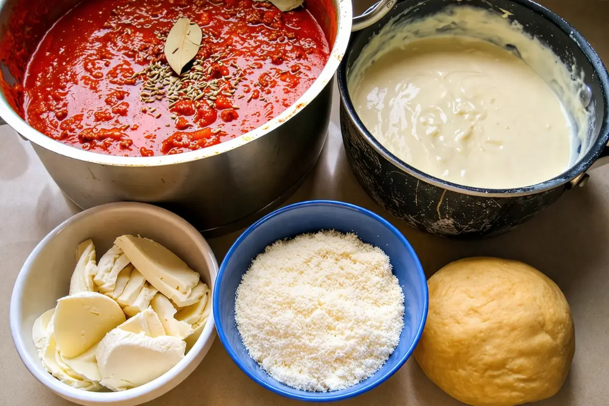 Tomato meat sauce and béchamel sauce prepared with cheese and dough.