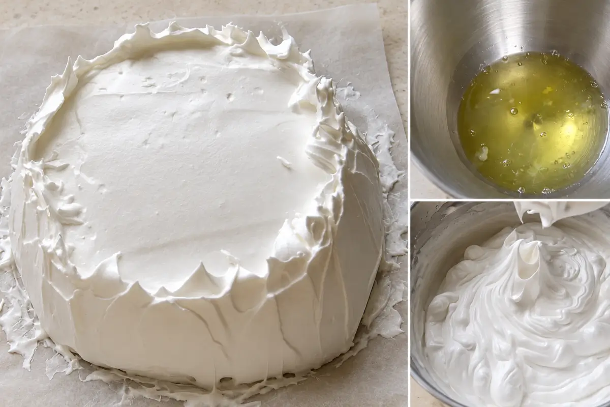 Pavlova meringue shaped on baking paper with egg whites shown before and after whipping.