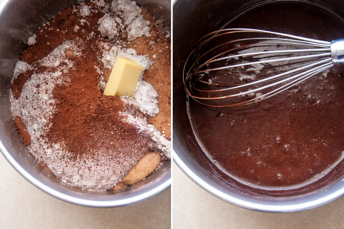 Cocoa, icing sugar, butter, and milk combined and stirred into a chocolate icing mixture.