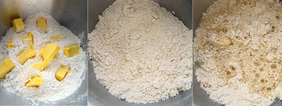 Butter mixed into flour, followed by water added to make damper dough.