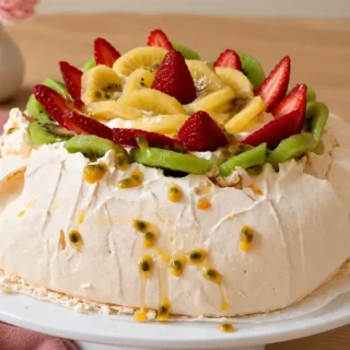 Pavlova topped with cream, strawberries, kiwi and passion fruit.