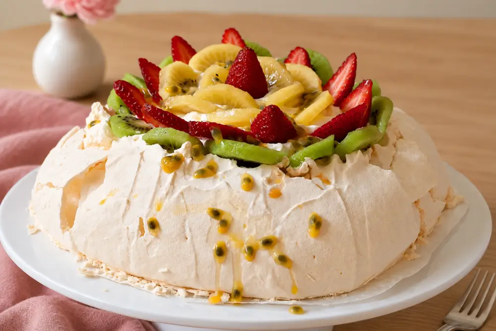 Pavlova topped with cream, strawberries, kiwi and passion fruit.
