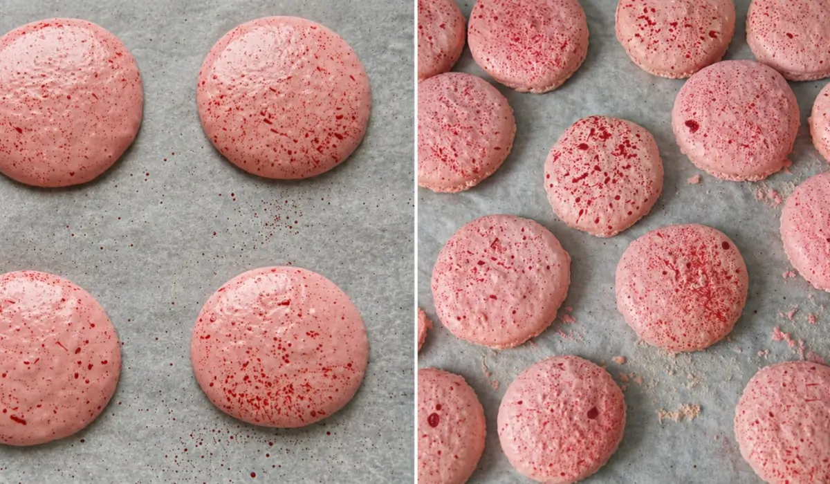 Pink macaron shells piped and speckled before baking.