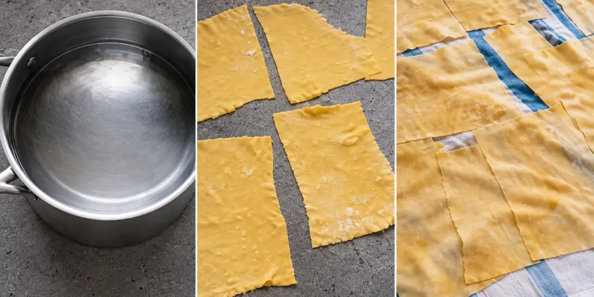 Post195 Pasta sheets being boiled, cooled and laid out before assembling the lasagne.