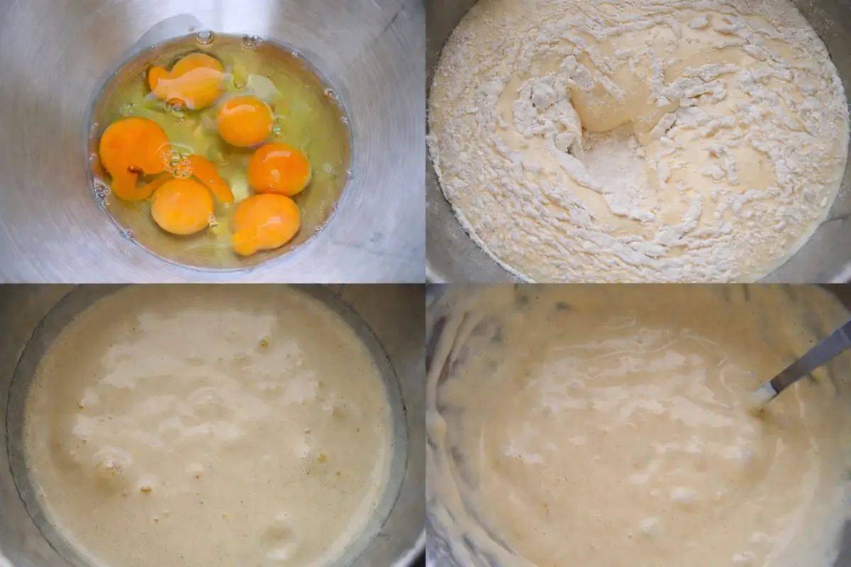 Eggs, sugar, and flour mixture being combined into a smooth sponge batter before baking.