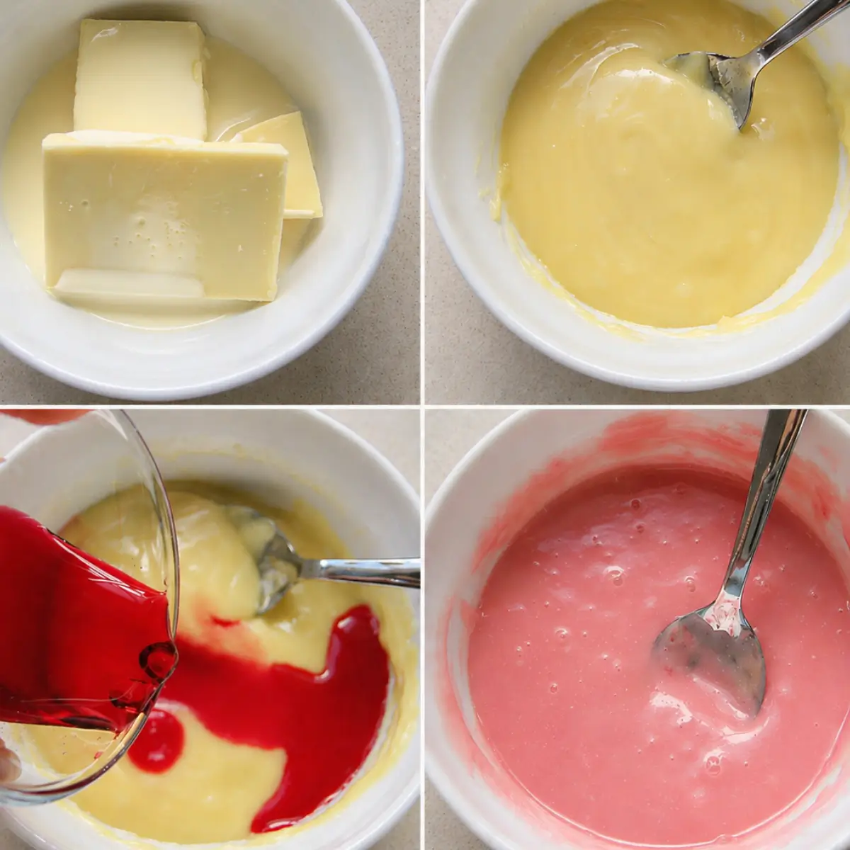White chocolate and raspberry mixture being stirred into a smooth ganache filling.