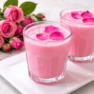 Two glasses of rose lassi topped with delicate rose petals on a white tray.