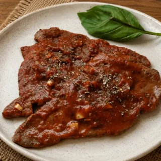 Thin beef schnitzel served with savoury tomato and oregano sauce.