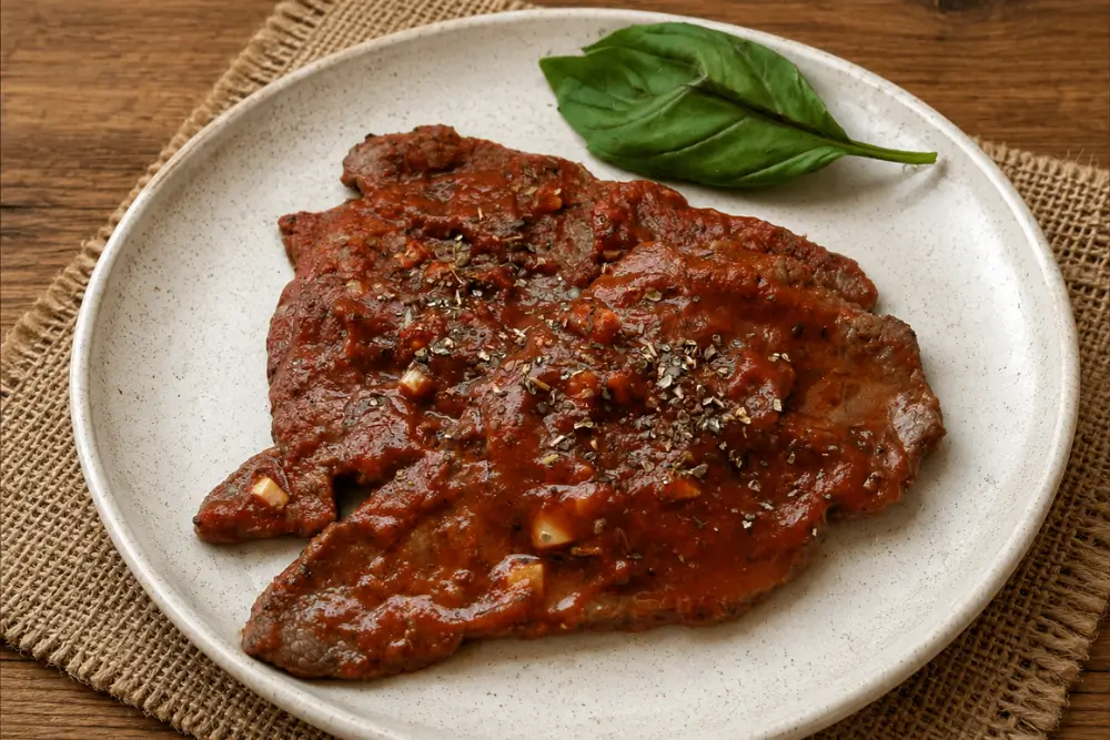 Thin beef schnitzel served with savoury tomato and oregano sauce.