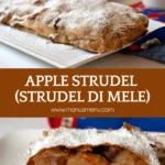 Baked Apple Strudel covered with powdered sugar on a white serving plate.