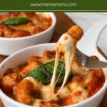 Gnocchi alla Sorrentina topped with melted mozzarella and fresh basil.