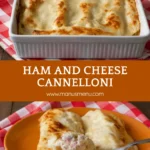 Cannelloni filled with ricotta, ham, and Fontina cheese served on a plate with creamy béchamel sauce.