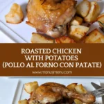 Roasted chicken leg served with golden potatoes on a white plate with rosemary garnish.