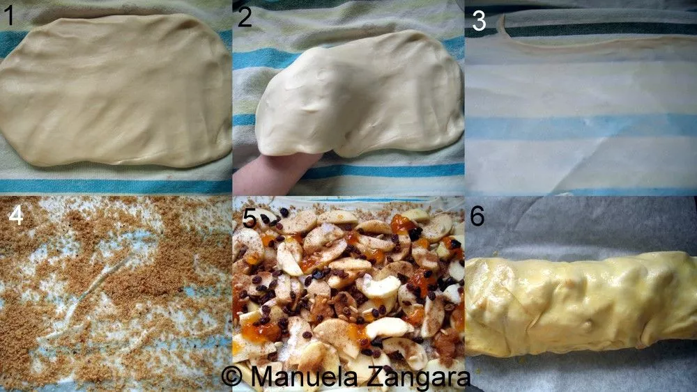 Step-by-step collage showing how to stretch dough, add filling, and roll apple strudel.