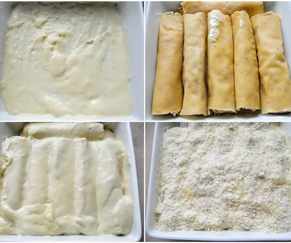 Béchamel sauce spread in a baking dish, rolled cannelloni arranged in a single layer, then covered with more sauce and Parmigiano Reggiano before baking.