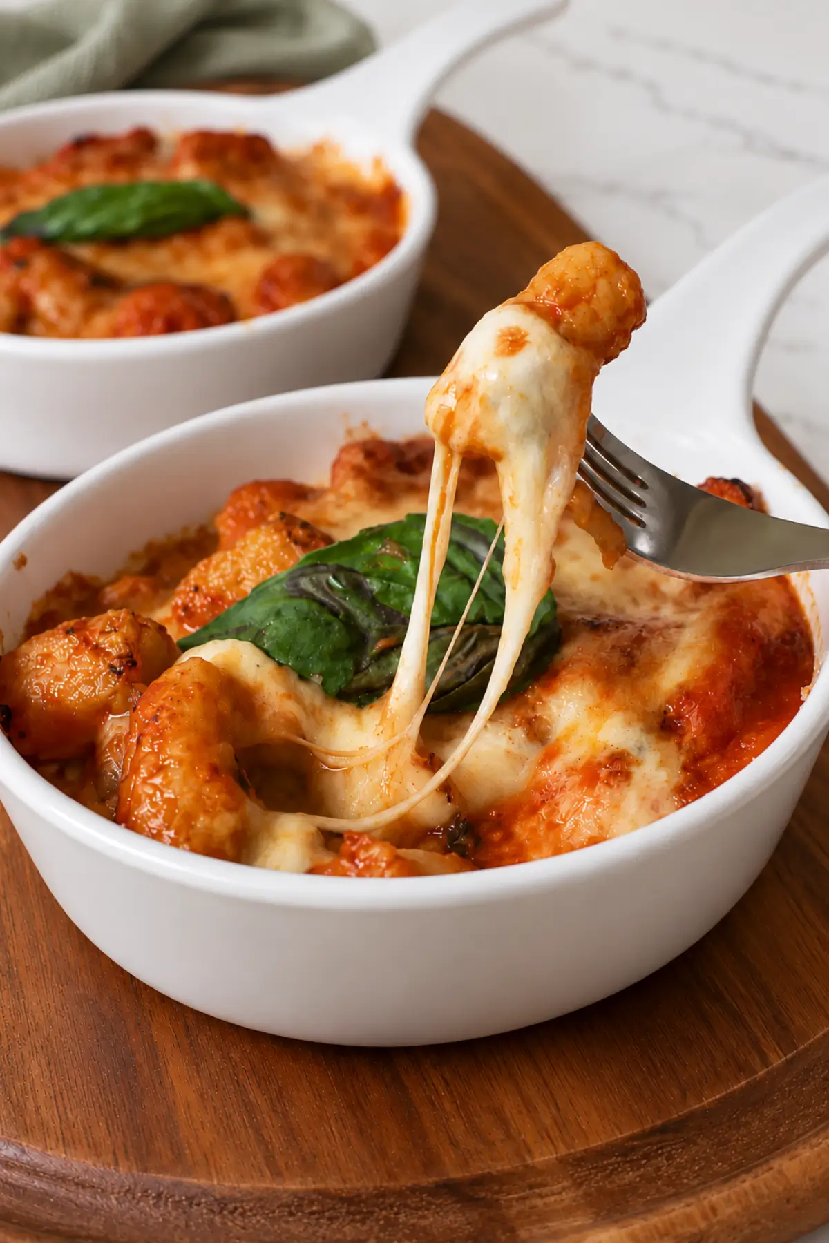 Gnocchi prepared with tomato sauce, mozzarella and grated Parmigiano Reggiano.
