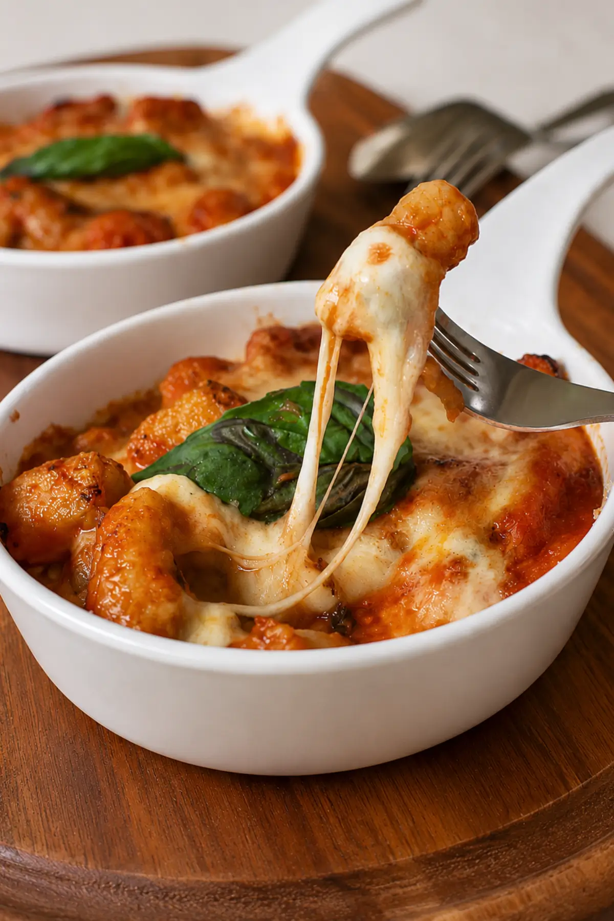 Broiled gnocchi with golden mozzarella, tomato sauce, and basil in a white dish.