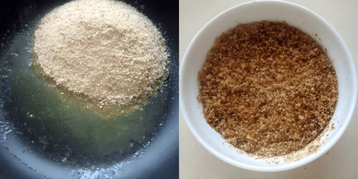 Toasting breadcrumbs in melted butter for the Mushroom and Asiago Calzoni filling.