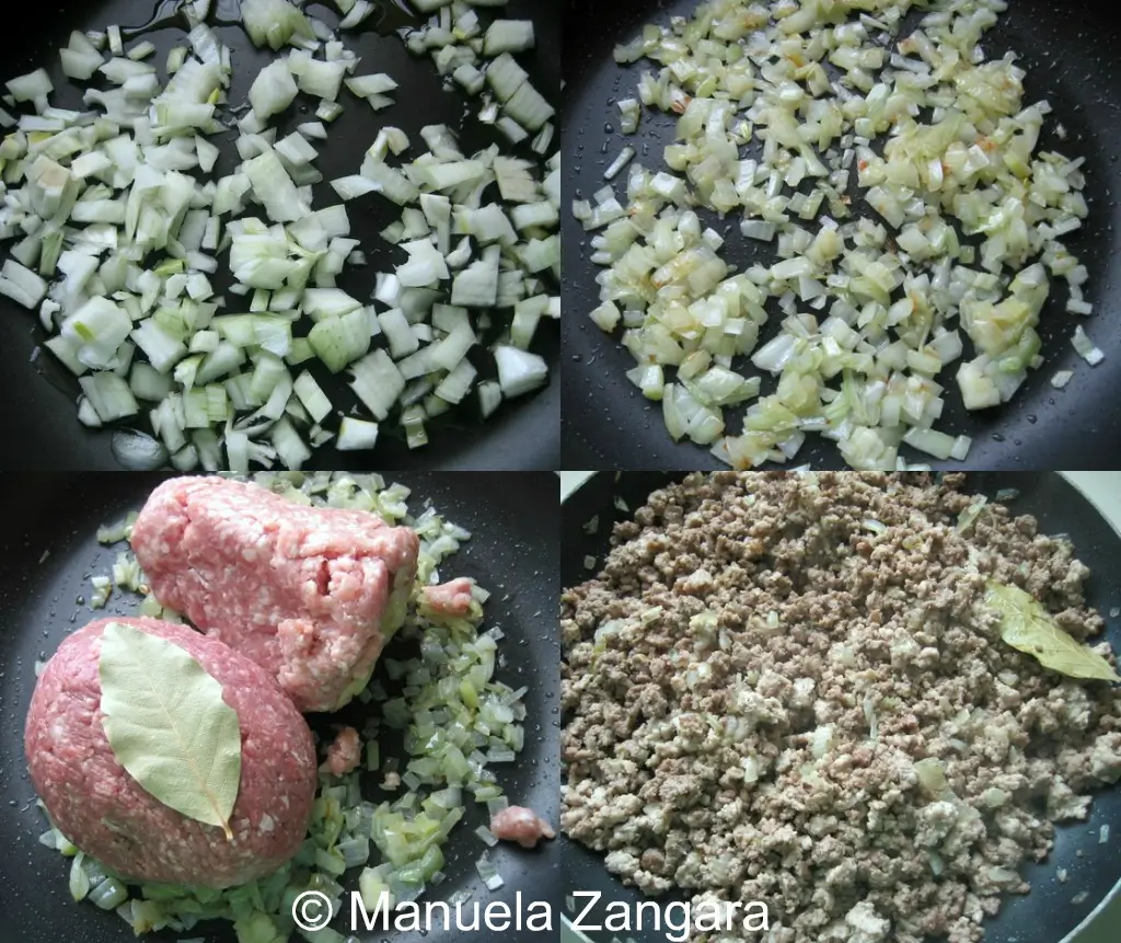 Filling pasta sheets, rolling them into cannelloni, and layering sauce, béchamel, and cheese in the dish.