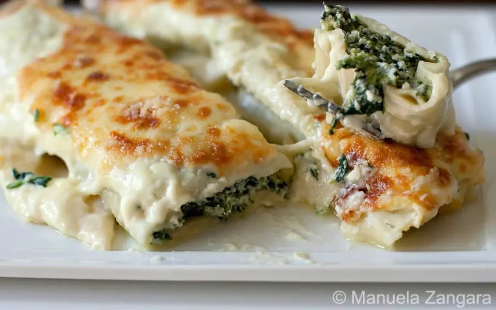 Cannelloni di Magro sliced open showing creamy ricotta and spinach filling under golden béchamel.