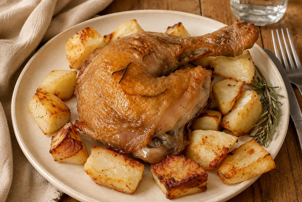 Roasted chicken and golden potatoes served at the table with rosemary.