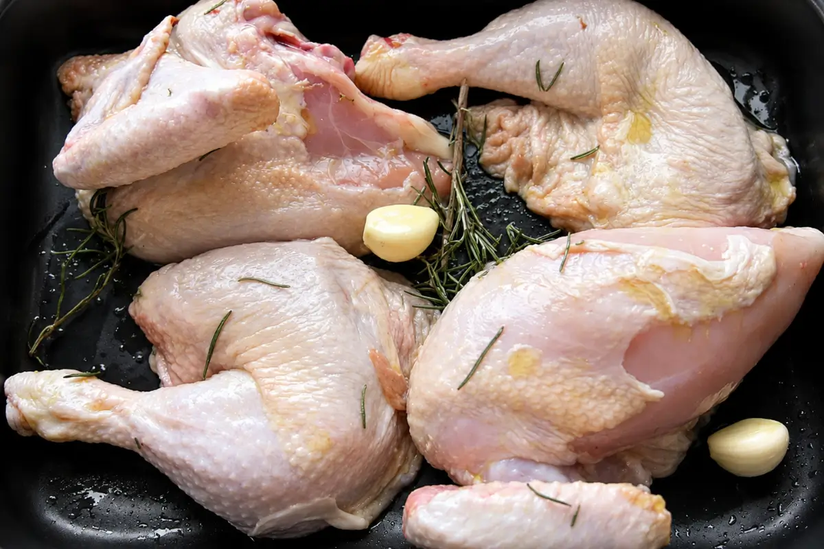 Raw chicken pieces with garlic, rosemary and olive oil in a baking dish.