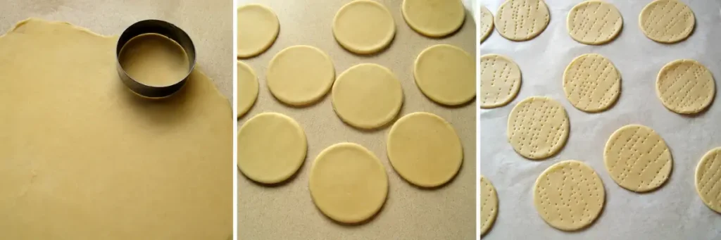 Rolled papri dough cut into circles and pricked with a fork before frying.