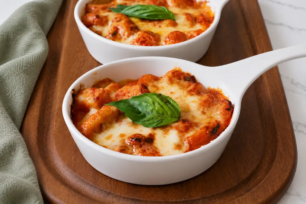 Gnocchi alla Sorrentina topped with melted mozzarella and fresh basil.