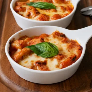 Gnocchi alla Sorrentina topped with golden melted cheese and fresh basil.
