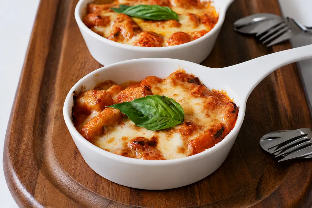 Gnocchi alla sorrentina Gnocchi alla Sorrentina topped with golden melted cheese and fresh basil.