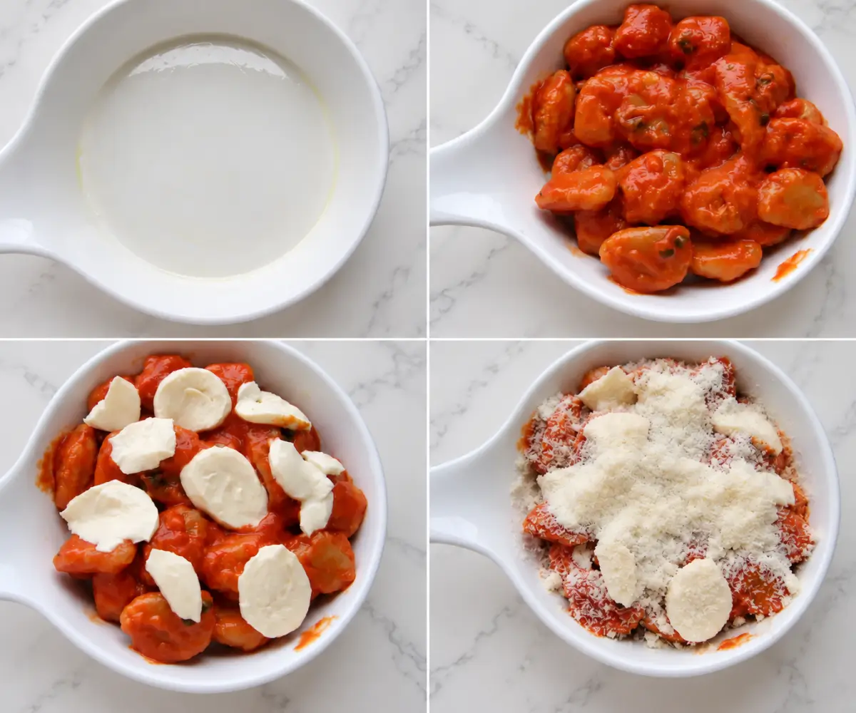 Gnocchi prepared for baking with tomato sauce, mozzarella and grated Parmigiano Reggiano.